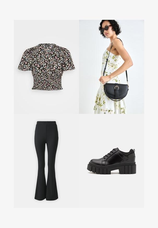 Czarna bluzka w kwiaty z krótkimi bufiastymi rękawami, zdobiona niebieskimi, różowymi i białymi kwiatami, zebranym w pasie oraz subtelną teksturowaną tkaniną.; Czarne spodnie z szerokimi nogawkami wykonane z elastycznego materiału. Posiadają wysoką talię oraz gładki, dopasowany krój, który rozszerza się od kolan w dół.; Czarne skórzane buty na platformie z masywnym słupkowym obcasem, okrągłym noskiem i klasycznym sznurowaniem. Posiadają gładką teksturę i minimalne wykończenia.; Czarna skórzana torebka o zakrzywionym kształcie, z odpinanym paskiem i złotymi akcentami. Torebka posiada klapę z zapięciem w kształcie klamry.