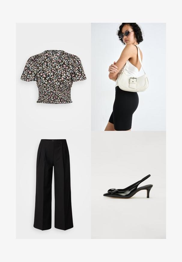 Black floral blouse with short puff sleeves, featuring blue, pink, and white flowers, gathered waist, and a subtle textured fabric.; Black wide-leg trousers with a high waist, featuring pleats and two front buttons. Made of smooth fabric, designed for a tailored look.; Black patent leather slingback shoe with a pointed toe, small heel, and a prominent bow accent on the vamp. Smooth texture and sleek design.; White leather handbag with a curved shape, adjustable strap, and a small buckle detail. Model wears a fitted black outfit.; Three pairs of earrings: large white pearl studs, gold hoops with clear gemstones, and two long, straight gold accent earrings with sparkly details.