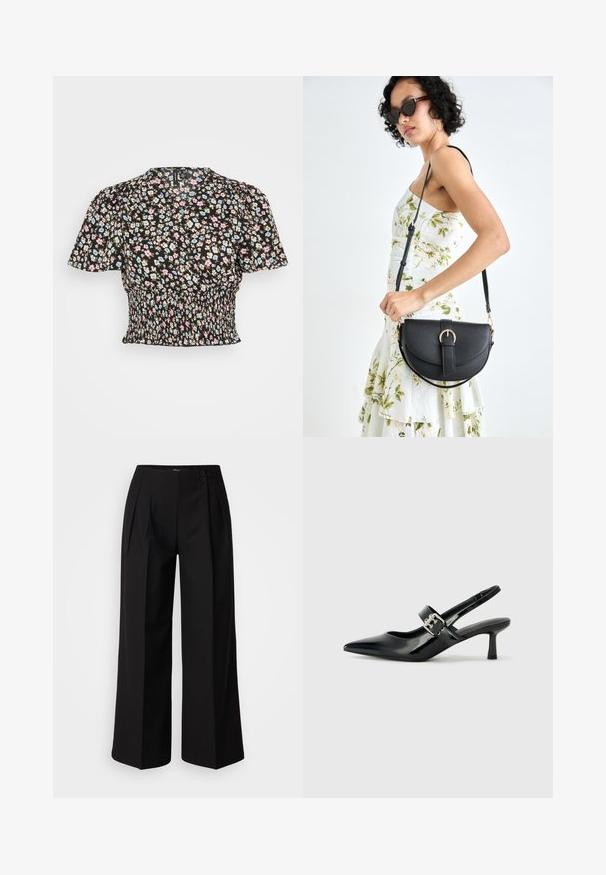 Mustmustriidega must lilleline pluus lühikeste puffvarrukatega, siniste, roosade ja valgete lilledega, gatherdatud vöökoht ja peene tekstuuriga kangas.; Mustad kõrge vöökoht ja laiad püksid, millel on pleedid ja kaks esistardipunkti. Valmistatud siledast kangast, disainitud kohandatud välimuse saavutamiseks.; Mustad patenteeritud nahast sildiga kontsad, millel on terav nina ja väike plokk-konts, mille rihmal on hõbedane pandla aksessuaar.; Mustmust mustraha kõverate joontega, eemaldatava rihmaga ja kuldsete detailidega. Kotil on klapp, millel on pandladetail.; Kolm paari kõrvarõngaid: suured valged pärlstudid, kuldsed rõngad läbipaistvate gemmidega ning kaks pikka, sirget kullast aktsentkõrvarõngast sädeleva detailiga.