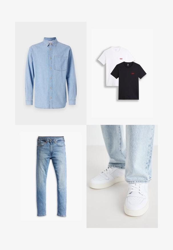 Világoskék farmering, gombos gallérral, hosszú ujjú, egy mellzsebbel. Barna gombdíszítéssel és kontrasztos varrással rendelkezik.; Két rövid ujjú póló: az egyik fehér, a másik fekete. Mindkettő pamutból készült, a mellkason piros Levi's logóval. Egyszerű, környakú kialakítás.; Világoskék farmernadrág egyenes szabásban, öt zsebbel, gombos záródással és finom kopással az anyagon.; Fehér bőr alacsony szárú sportcipők perforált orral, lapos fűzőkkel és minimalista kialakítással. Világoskék farmernadrággal párosítva.