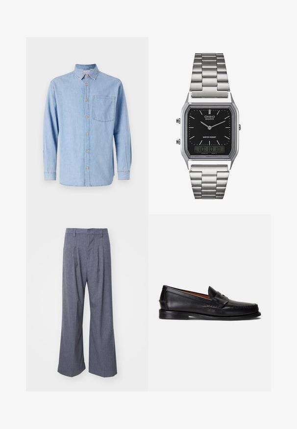 Jasnoniebieska koszula dżinsowa z kołnierzykiem zapinanym na guziki, długimi rękawami i jedną kieszenią na piersi. Zawiera brązowe akcenty guzikowe oraz kontrastowe przeszycia.; Szare spodnie w prążki o szerokim kroju, z zakładkami z przodu i gładką fakturą. Brak widocznych elementów metalowych lub akcentów.; Czarne skórzane mokasyny z gładkim wykończeniem, zaokrąglonym noskiem i ozdobnym paskiem na cholewce. Posiadają niską czarną podeszwę.; Srebrny zegarek kwarcowy ze stali nierdzewnej z czarną prostokątną tarczą, wyposażony w analogowe wskazówki, wyświetlacz cyfrowy oraz oznaczenie odporności na wodę.