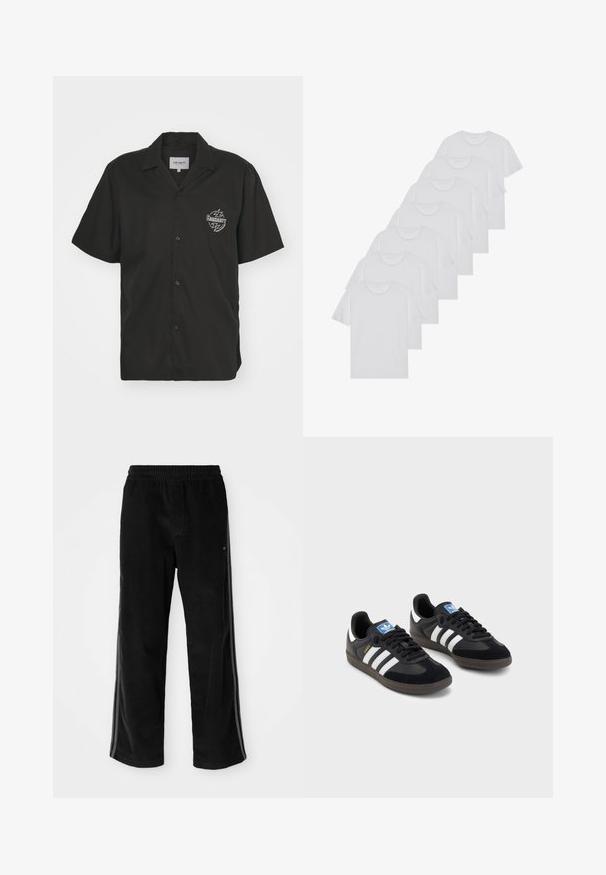 Rövid ujjú fekete gombos ing, hajtott gallérral, fehér grafikai logóval a bal mellen, sima textúrával.; Fehér pamut pólók, rövid ujjúak, kerek nyak kialakítással, sima textúrával, sorba rakva, diszkrét logóval a nyaknál.; Fekete kordbársonyos nadrág laza szabással, elasztikus derékkal és oldalsó csíkokkal. Simább textúrájú, függőleges bordázott részletekkel.; Fekete sportcipők, velúrból és szintetikus anyagból készült felsőrésszel, három fehér csíkkal, textúrázott gumitalppal és kék logó címkével a nyelvén.