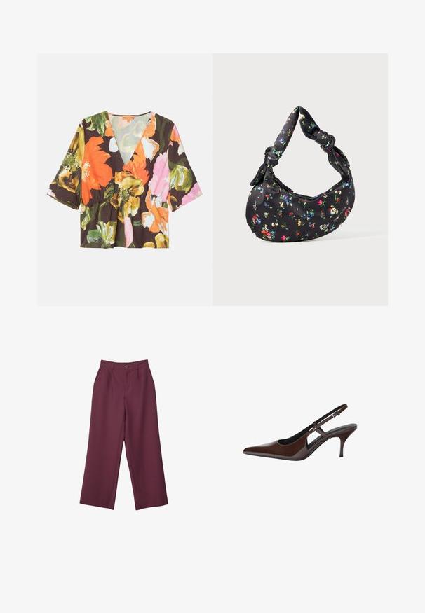 Kvetinová blúzka s hlbokým výstrihom do V, krátkymi rukávmi a peplum pásom. Vyrobená z ľahkej tkaniny s tmavým pozadím a jasnými kvetmi.; Vysoké nohavice s širokými nohavicami v tmavom fialovom odtieni s predným gombíkom, pútkami na opasok, bočnými vreckami a tvarovaným pásom.; Hnedé lakované slingback lodičky s špicatou špičkou, otvorenými výrezmi a tenkým podpätkom. Obsahujú nastaviteľný remienok s prackou.; Čierna kabelka v tvare polmesiaca s farebnou kvetinovou potlačou a uzlenenými uchami, ktorá má malú kovovú značku v pravom dolnom rohu.