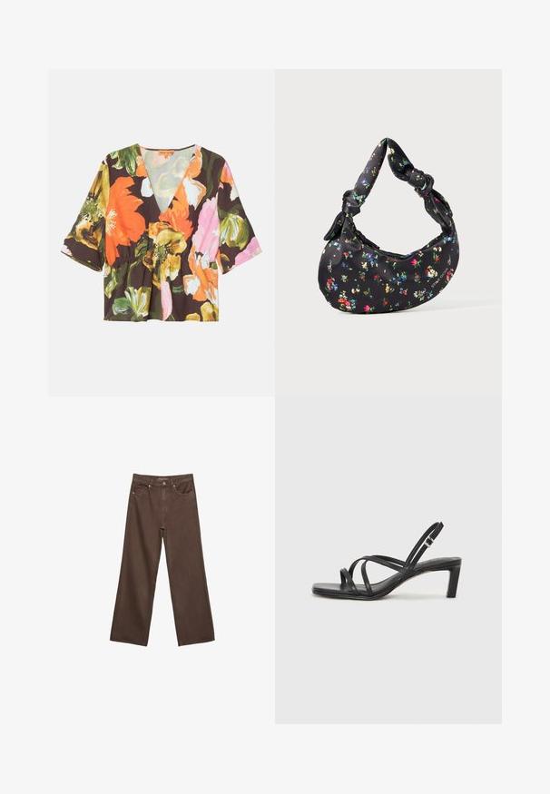 Bluzka w kwiaty z głębokim dekoltem w kształcie litery V, krótkimi rękawami i peplum w talii. Wykonana z lekkiego materiału o ciemnym tle i żywych kwiatach.; Szerokie brązowe dżinsy wykonane z denimu, z wysokim stanem, przednimi kieszeniami i klasycznym zapięciem na guzik. Gładka faktura z subtelnym przeszyciem.; Czarne sandały na obcasie z prostokątnym noskiem i niskim słupkowym obcasem. Posiadają wiele cienkich pasków i regulowany pasek na kostkę. Wykonane z gładkiej skóry.; Czarna torebka w kształcie półksiężyca z kolorowym kwiatowym wzorem i węzłowymi uchwytami, z małym metalicznym logo w dolnym prawym rogu.