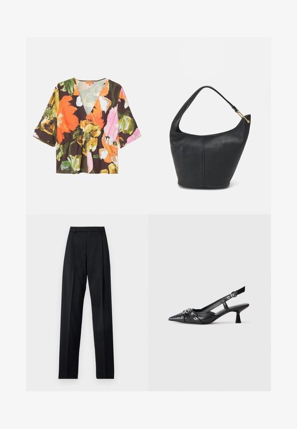 Blumenbluse mit tiefem V-Ausschnitt, kurzen Ärmeln und Peplum-Taille. Aus leichtem Stoff mit dunklem Hintergrund und lebhaften Blumen gefertigt.; Schwarze Hosen aus glattem Stoff mit hoher Taille, weitem Bein, vorderen Falten und klassischen Gürtelschlaufen. Keine sichtbaren Seitentaschen.; Schwarzer Leder-Slingback-Schuh mit spitz zulaufender Zehenpartie, dekorativen Riemen mit METALLÖSEN und niedrigem Blockabsatz. Strukturelle Oberfläche.; Schwarze Lederhandtasche mit abgerundeter Form, breitem Tragegurt und strukturiertem Finish. Besitzt eine subtile Nahtdetails und einen Akzent aus goldfarbenem Metall.