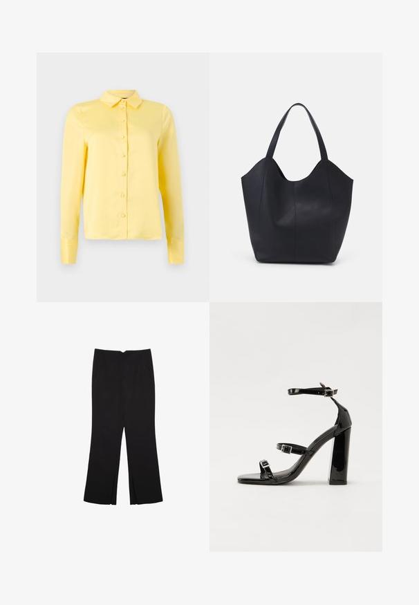 Gul langærmet bluse med krave, knaplukning foran og glat tekstur. Simpelt design uden mønstre eller detaljer.; Sorte bukser med lige pasform, der har frontlommer og slidser i kanten. Lavet af blødt, glat stof. Velegnet til forskellige anledninger.; Sorte patenterede hælsandaler med firkantet tå, ankelremme og sølvspænder. Har en chunky blokHæl for stabilitet.; Sort tote taske lavet af glat læder, med en buet, åben top, to skulderstropper og et minimalistisk design.