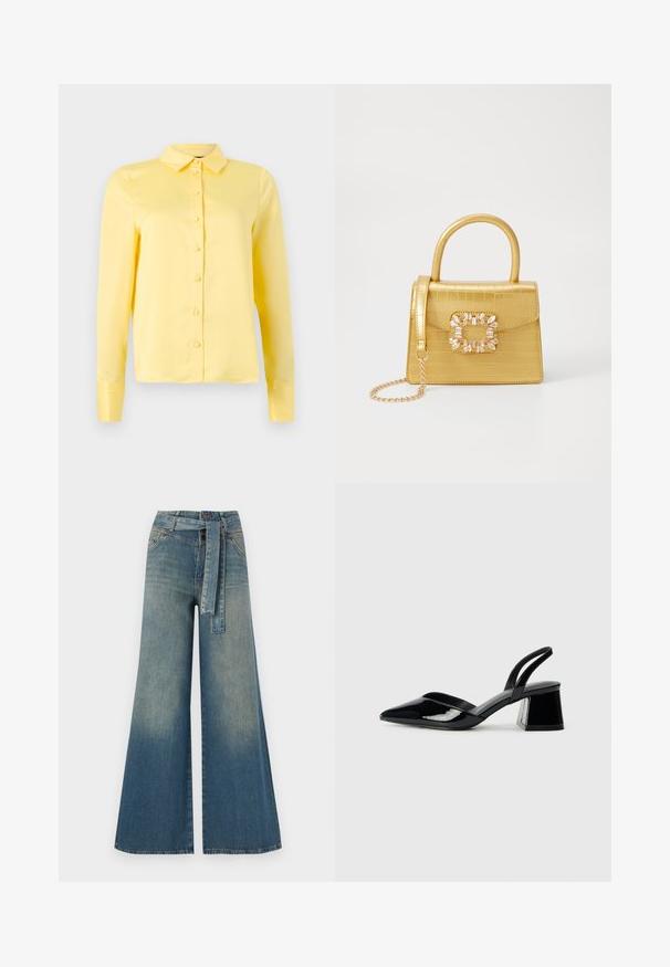 Gul langermet bluse med krage, frontlukking med knapper og glatt tekstur. Enkel design uten mønstre eller detaljer.; Bredde ben jeans med en lyseblå til mørkeblå gradient, høyt liv, beltehemper og et matchende belte i samme stoff. Teksturert denimoverflate.; Svarte patentlær slingback hæler med spiss tå og geometrisk blokk hæl. Har et stilrent, minimalistisk design og jevn tekstur.; Gul faux-krokodille veske med en strukturert design, toppen håndtak, avtagbar kjede stropp, og dekorativ krystallbortsettelse på låsen.
