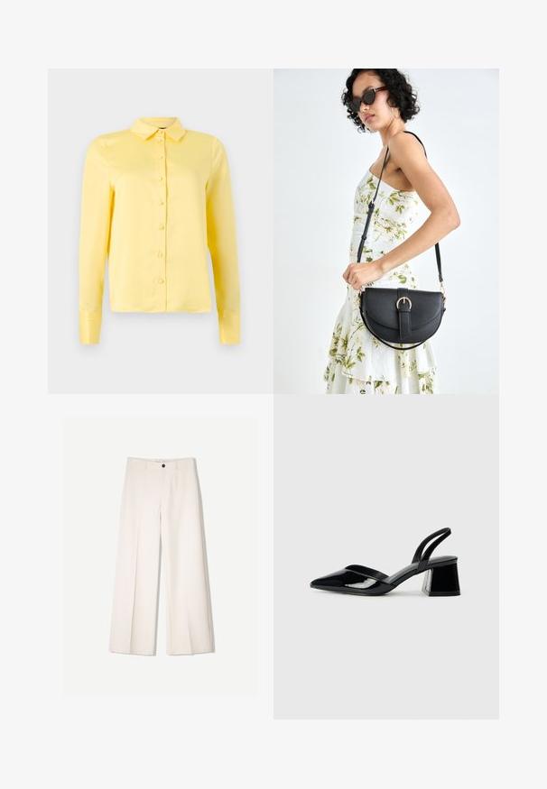 Žuta bluzica dugih rukava s ovratnikom, prednjim zatvaranjem na dugmad i glatkom teksturom. Jednostavan dizajn bez uzoraka ili naglasaka.; Kreme hlače širokih nogavica s krojem koji je prilagođen, s dva prednja džepa i jednim prednjim zatvaranjem na gumb, izrađene od glatkog materijala.; Crne lakirane kožne sandale s otvorenom petom i špicastim vrhom, s geometrijskom blok petom. Imaju elegantan, minimalistički dizajn i glatku teksturu.; Crna kožna torba s lukovitim oblikom, odvojivim remenom i zlatnim detaljima. Torba ima preklop s kopčom.