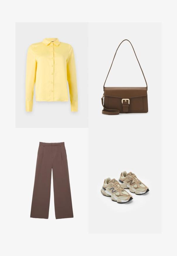 Žltá blúzka s dlhým rukávom a golierom, s predným zapínaním na gombíky a hladkým povrchom. Jednoduchý dizajn bez vzorov alebo akcentov.; Široké nohavice z pevnej hnedej látky s hladkou textúrou, prednými záhybmi a prispôsobeným pásom. Žiadne viditeľné logo ani vzory.; Béžové tenisky s kombináciou sieťoviny a semišu. Obsahujú čierne logo a štruktúrované akcenty. Hladká biela medzipodrážka a čierna gumová podrážka.; Hnedá kožená kabelka s obdĺžnikovým tvarom, s predným klopou, zlatými kovovými detailmi a dlhým, nastaviteľným popruhom.