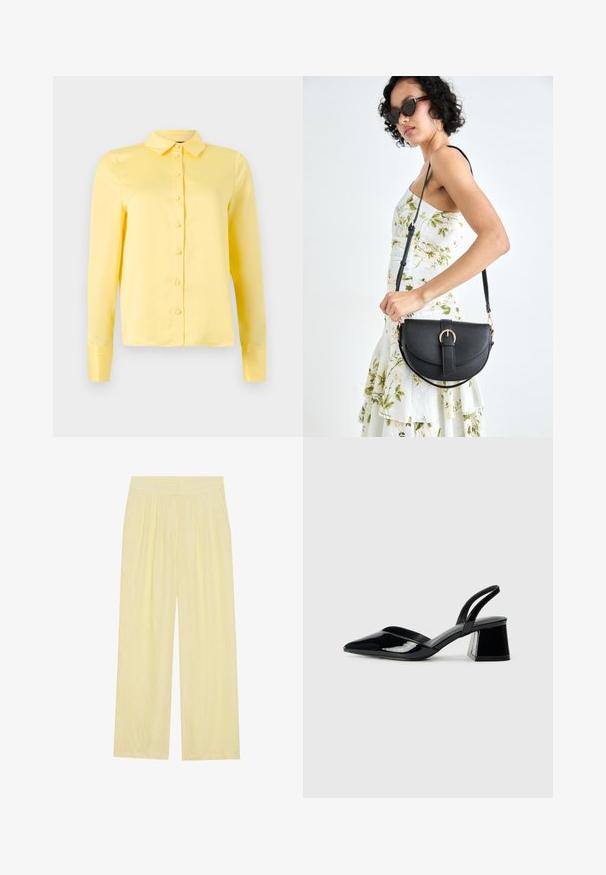 Gul langærmet bluse med krave, knaplukning foran og glat tekstur. Simpelt design uden mønstre eller detaljer.; Lysgule bredbenede bukser lavet af et tekstureret stof, med en plisseret front og et højt elastisk taljebånd.; Sorte patentlæder slingback hæle med spids tå og en geometrisk blok hæl. Har et elegant, minimalistisk design og en glat tekstur.; Sort læderhåndtaske med en buet form, aftagelig rem og guldfinish. Tasken har en klap med en spænde detalje.