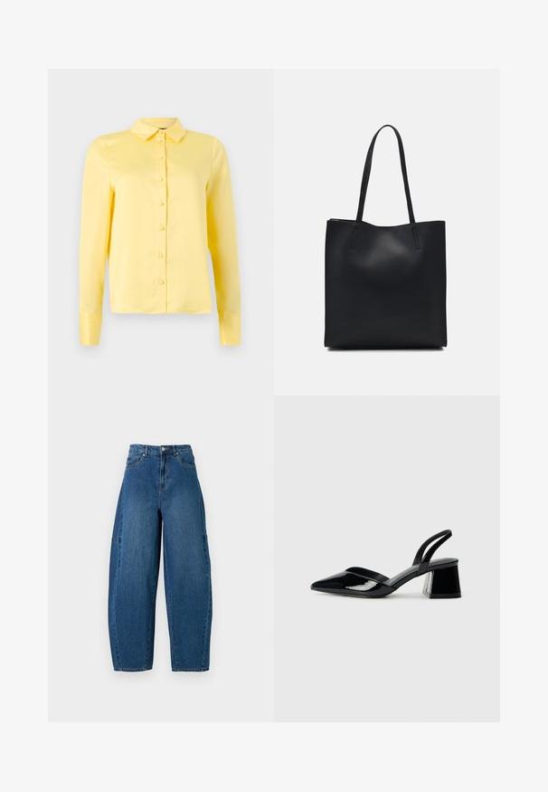 Gele blouse met lange mouwen en een kraag, sluiting met knopen aan de voorkant en een gladde textuur. Eenvoudig ontwerp zonder patronen of accenten.; Denim spijkerbroek in een medium blauwe wassingen, met een hoge taille, wijde broekspijpen en een standaard vijf-pocket ontwerp met zichtbare stikseldetails.; Zwarte gepatineerde leren slingback hakken met een spitse neus en een geometrische blokhak. Kenmerkt zich door een slank, minimalistisch ontwerp en een gladde textuur.; Zwarte leren handtas met een gladde textuur, rechthoekige vorm en twee lange handvaten. Geen zichtbare hardware of versieringen.