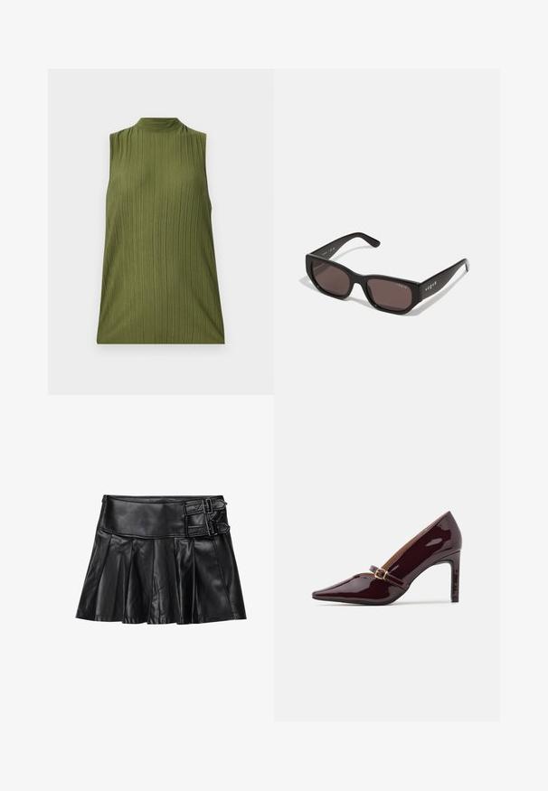 Sleeveless green top made of textured fabric with vertical ribbing design and a high neckline. Simple cut, no additional accents or patterns.; Black leather skirt with pleats, wide waistband, and two buckle accents on the side. Smooth texture with a glossy finish.; Patent burgundy high heel shoe with pointed toe, ankle strap featuring gold hardware, and a sleek, polished finish. Elevated stiletto heel.; Black rectangular sunglasses with dark lenses. Features a smooth plastic frame and logo detail on the temple. Clean, modern design.; Burgundy handbag made of synthetic material with a structured design, featuring a detachable strap and a floral-patterned scarf tied to the handle.