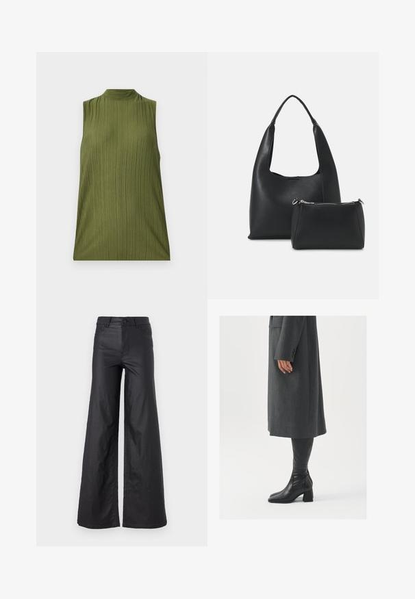 Top verde fără mâneci, realizat dintr-un material texturat cu un design cu nervuri verticale și o gâtă înaltă. Croială simplă, fără accente sau modele suplimentare.; Pantaloni negri, cu picioare largi, dintr-un material de piele ecologică. Prezentază talie înaltă, bucle pentru curea, două buzunare frontale și detalii cusute.; Palton gri, croit cu un croi drept; asortat cu cizme din piele neagră, până la genunchi, cu vârf pătrat și toc chunky.; Even&Odd Geantă de mână - black