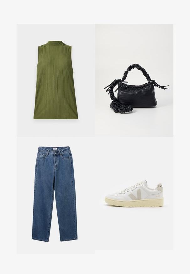 Ujjatlan zöld felső struktúrált anyagból, függőleges bordázott mintázattal és magas nyakkivágással. Egyszerű szabás, nincs további díszítés vagy minta.; Klasszikus kék farmernadrág egyenes szárú dizájnal, öt zsebbel és gombos zárással. Közepes mosású és strapabíró textúrával rendelkezik.; Fehér bőr sneaker bézs velúr részletekkel, perforált orr résszel, lapos fűzőkkel és textúrált krémszínű talppal. Finom márkajelzés található a sarkán.; Fekete műbőr kézi táska krokodil bőr textúrával, összehúzható tetejű és gyűrt pánttal. Lágy és kompakt dizájnúnak tűnik.