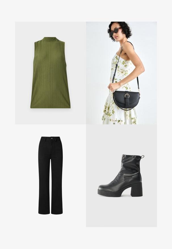 Top verde senza maniche realizzato in tessuto texturizzato con design a righe verticali e scollo alto. Taglio semplice, senza ulteriori accenti o motivi.; Pantaloni neri a vita alta con design a gamba dritta, realizzati in morbido tessuto di cotone. Presentano tasche frontali e una semplice chiusura con bottone in metallo.; Stivali neri alla caviglia in pelle liscia, con zip laterale, tacco spesso e texture, e punta arrotondata.; Borsa a tracolla nera in pelle con una forma curva, manico rimovibile e accessori dorati. La borsa presenta una patta con un dettaglio a fibbia.