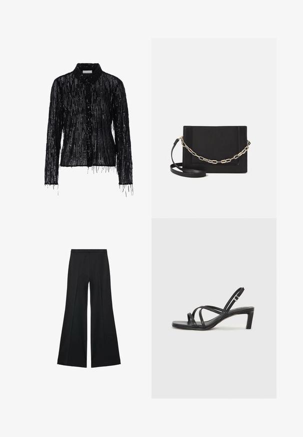 Čierna košeľa s flitrami a dlhými rukávmi, s strapcovými okrajmi a golierovým výstrihom; textúrovaný povrch má vertikálne pruhy flitrov.; Čierne široké nohavice s hladkou textúrou, s prednými záhybmi a elegantným strihom. Materiál je ľahký a pruhlý.; Čierne sandále na vysokom podpätku so štvorcovou špičkou a nízkym blokovým podpätkom. Obsahujú viacero tenkých popruhov a nastaviteľný členkový popruh. Vyrobené z hladkej kože.; Čierna kožená crossbody taška s hladkou textúrou, obdĺžnikovým tvarom a kovovým reťazovým detailom na prednej strane. Súčasťou je nastaviteľný popruh.