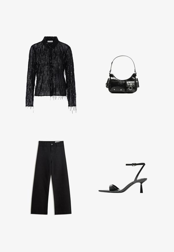 Schwarzes Paillettenhemd mit langen Ärmeln, fransigen Säumen und Kragen; die strukturierte Oberfläche weist vertikale Paillettenlinien auf.; Schwarze weit geschnittene Jeans mit hoher Taille, ausgestattet mit Vorder- und Hintertaschen, gesteppten Nähten und einem Knopfverschluss. Glatte Textur.; Bershka High Heel Sandalette - black; Schwarze Lackleder-Handtasche mit geschwungenem Design, einem Schulterriemen, Vordertaschen und silberfarbenen Hardware-Akzenten.