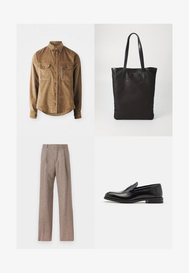 Camisa de veludo cotelê castanha com colarinho abotoado, dois bolsos no peito e um bolso com zíper no lado esquerdo. Fecho com botões na frente.; Calças castanhas de cintura alta feitas de tecido texturado. Apresentam pernas largas e duas pregas frontais para estrutura. Acabamento cuidadoso sem hardware visível.; Mocassins de couro preto com uma textura suave, bico arredondado e uma faixa decorativa sobre o peito do pé. Salto baixo e empilhado, design minimalista.; Saco de lona preto com alças de couro pretas. Design simples, corpo espaçoso e textura suave. Sem logótipos ou padrões visíveis.