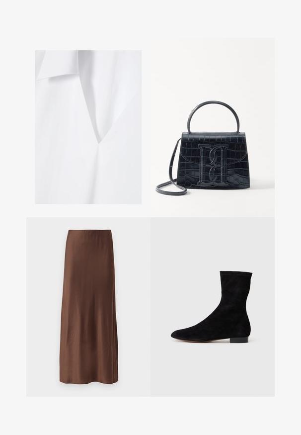 Valge kangas pehme ja sileda tekstuuriga, sügava V-kaelusega ja nurga all klapiga. Minimalistlik disain puhaste joontega.; Pruun satiinist midi seelik sileda tekstuuriga, sirge lõikega ning ilma nähtavate mustrite või kaunistusteta. Lihtne ja elegantne disain.; Musthave mustan nahast pahkluu saabas, millel on kitsas vars, terav nina ja madal plokk-konts. Pehme tekstuur ja minimalistlik disain, sobib mitmekesiseks stiliseerimiseks.; Must musta krokodillimustriga nahast käekott, millel on struktureeritud disain, ülemine käepide, reguleeritav rihm ja silmapaistev esiküljel logo detail.
