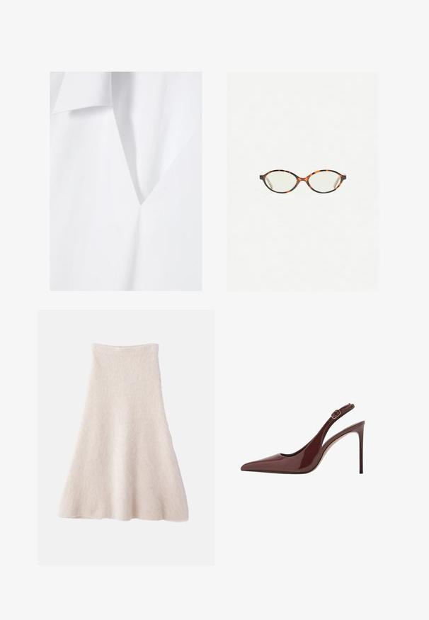 Țesătură albă cu o textură moale și netedă, având un decolteu adânc în V și un pliant înclinat. Design minimalistic cu linii curate.; O fustă A-line de un bej deschis, confecționată dintr-un material moale și Texturat, având o talie netedă și o siluetă fluidă.; Pantofi cu toc înalt slingback din piele laică de culoare marron închis, cu vârf ascuțit, curea reglabilă și toc subțire stiletto.; Ochelari cu ramă din tartan, cu lentile ovale și un finisaj elegant, neted. Prezintă margini subțiri cu o curbură subtilă la tâmple. Lentile clare.