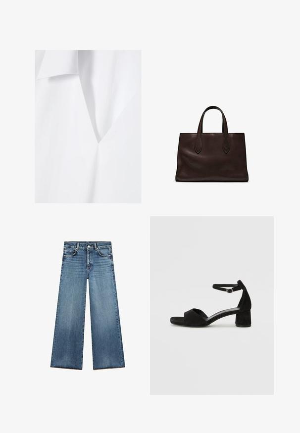 Tessuto bianco con una texture morbida e liscia, caratterizzato da un profondo scollo a V e una patta inclinata. Design minimalista con linee pulite.; Jeans a gamba larga di colore blu chiaro realizzati in denim con vita alta, dotati di cinque tasche, cuciture a contrasto e orlo sfilacciato alla base.; Sandali con tacco in suede nero, con una sottile fascia alla caviglia, design open toe e un discreto tacco a blocco. Texture liscia e decorazioni minime.; Borsa a spalla in pelle marrone con due manici lunghi, forma rettangolare strutturata, texture liscia e dettagli di cucitura sottili.