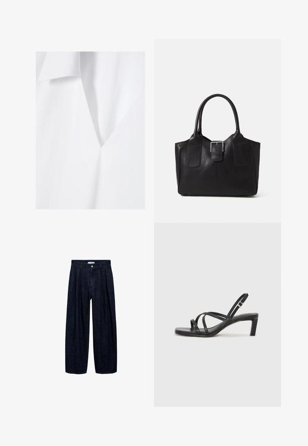 Tissu blanc à la texture douce et lisse, présentant un décolleté en V profond et un rabat incliné. Design minimaliste avec des lignes épurées.; Pantalons larges en denim foncé avec des plis à la taille, présentant un bouton à l'avant et des passants de ceinture. Texture lisse et design à longueur complète.; Sandale noire à lanières avec un bout carré et un petit talon bloc. Elle présente plusieurs fines lanières et une sangle de cheville ajustable. Fabriquée en cuir lisse.; Sac fourre-tout en cuir noir avec une texture lisse, une forme structurée, deux poignées et un détail en boucle argentée proéminent à l'avant.