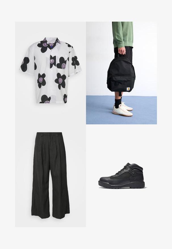 HUGO ELIGINO - Overhemd - white; Zwarte gestreepte wijde broek met plooien, met een op maat gemaakt ontwerp en een zachte textuur. Geen zichtbare hardware of accenten.; Zwarte wandelschoen van leer en mesh, met een gevoerde kraag, vetersluiting, rubberen zool met profiel en een geperst logo.; Zwarte stoffen rugzak met een handvat aan de bovenkant, een voorste ritszak en een logo-opdruk. Draag door een persoon in casual kleding en sneakers.