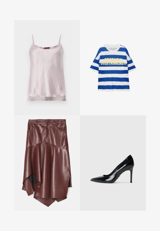 Satenasta majica bez rukava u svijetlo ružičastoj boji. Spageti naramenice, izrez u obliku srca i malo prozirni rub s bočnim prorezima. Etiketa vidljiva na vrhu.; Pamukasta majica s plavim i bijelim horizontalnim prugama. Ima podebljani žuti natpis "PROBABILNO PREMIŠLJAM" i grafiku nasmijanog lica. Kratki rukavi.; Smeđa umjetna kožna suknja s lepršavim, asimetričnim rubom, s dva prednja džepa i glatkom, sjajnom teksturom.; Crni lakirani kožni čizme s uskim potpeticama i izduženim nosom na jednostavnoj bijeloj pozadini.