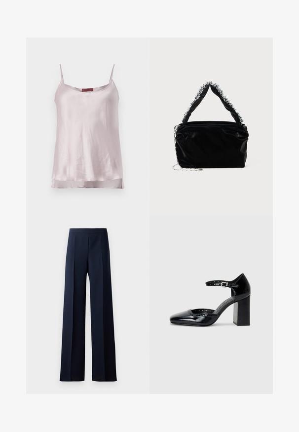 Šviesiai rožinė satino camisole. Spageti petnešėlės, apvalus iškirpimas ir šiek tiek permatomos apatinės dalies su šoninėmis plyšiais. Etiketė matoma viršuje.; Plati kelnių juodos tamsios spalvos audinys, turintis lygų paviršių, subtilius priekinius raukšlės ir prigludusią liemenėlę, užtikrinančias elegantišką siluetą.; Juodos lakuotos aukštakulnės bateliai su kvadratine nosimi, kulkšnies dirželiu ir masyviu kulnu. Apima perforuotus detalizavimus aplink kraštą.; Juodas dirbtinės odos rankinė su tekstūruotu paviršiumi, su sidabriniu karoliukų akcentu viršutinėje rankenoje ir grandinine juosta.