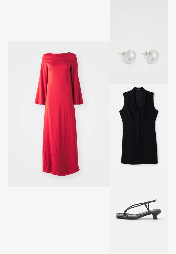 Juodas be rankovių švarkas-suknelė su pritaikytu kirpimu, su vienu iškirptu kaklu ir viena priekinė uždanga. Tiesus audinys ir minimalistinis dizainas.; Ilga raudona suknelė iš lengvos medžiagos, pasižyminti bateau apykakle ir plačiomis varpų formos rankovėmis. Lygus tekstūras su tiesiu siluetu.; Juodas odinis šlepetės su plonomis dirželiu, mažu blokuoju kulnu ir kvadratiniu pirštu. Yra sagties uždarymas ir lygus paviršius.; Sidabriniai perlų auskarai su kreivai suformuota pupelės forma. Lygus, blizgus paviršius, uždaromi segtuku ir atgaline fiksacija.