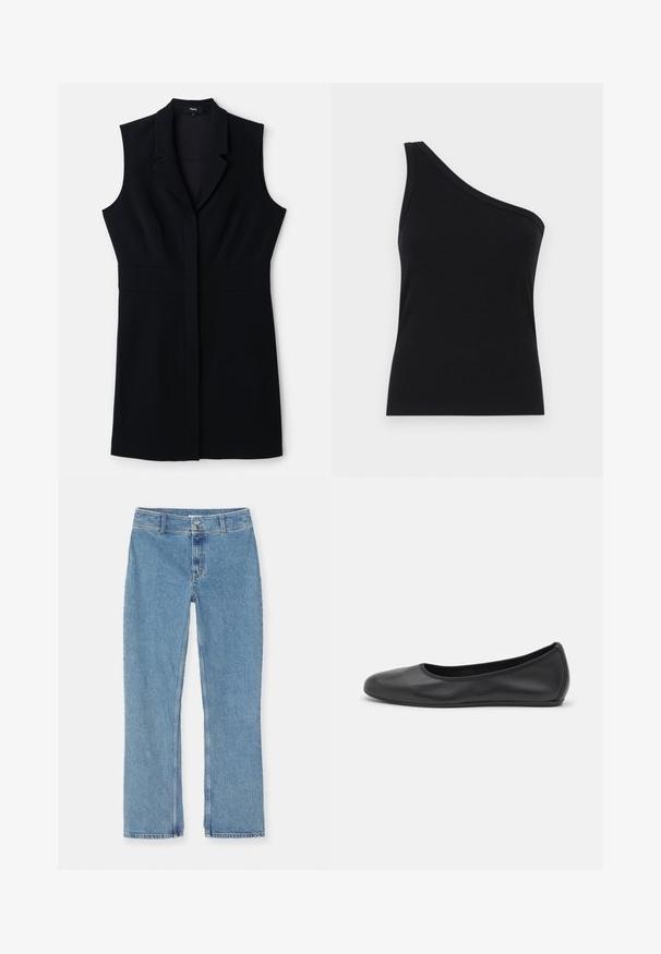Schwarzes ärmelloses Blazer-Kleid mit taillierter Passform, ausgestattet mit einem Reverskragen und einem einzelnen Frontverschluss. Glattes Material und minimalistisches Design.; Schwarzes, geripptes Tanktop mit einem Schulterdesign, tailliert und aus einem weichen Material gefertigt. Es hat einen klaren, minimalistischen Schnitt und einen glatten Halsausschnitt.; Helle blaue gerade geschnittene Jeans aus Denim mit Knopf- und Reißverschluss, Gürtelschlaufen und Standardnähten auf weißem Hintergrund.; Schwarze Leder-Ballettschuhe mit abgerundeter Spitze, glatter Textur, minimalen Nähdetails und einem flexiblen Sohlen-Design.