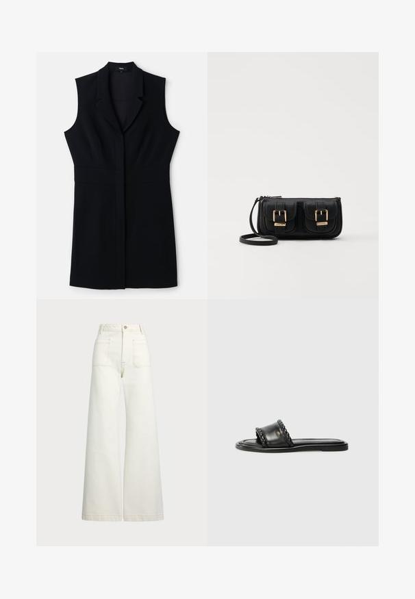 Crni bezrukavi sako haljina s krojem po mjeri, koja ima urezan ovratnik i jedno zatvaranje sprijeda. Glatka tkanina i minimalistički dizajn.; Široke traperice u boji krem-paleža. Visoki struk s kopčanjem na dugme, dva prednja džepa i kontrastni šavovi.; Crne kožne sandale s pletenim detaljem na remenu, ravnim potplatom i elegantnim dizajnom. Glatka tekstura i minimalistički profil.; Crna kožna torba preko ramena s dva prednja džepa, zlatnim kopčama, zatvaranjem na zip i uskim remenom. Teksturirana površina i kompaktan pravokutan oblik.