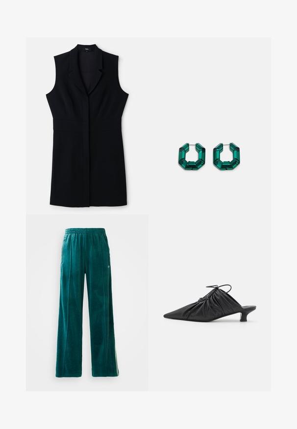 Zwarte mouwloze blazerjurk met een getailleerde pasvorm, voorzien van een reverskraag en een enkele sluiting aan de voorkant. Soepele stof en minimalistisch ontwerp.; Teal velours joggers met een losse pasvorm, elastische tailleband, zijzakken en een subtiel textuurpatroon. Voorzien van contrasterende strepen langs de zijkanten.; Zwarte leren instappers met een spitse neus, gegatherde textuur en een kleine kittenhiel. Heeft een trekkoorddetail aan de opening.; Groene acrylaat haakjes in een achtzijdige vorm met facetteerde randen, voorzien van een metalen sluiting voor bevestiging.