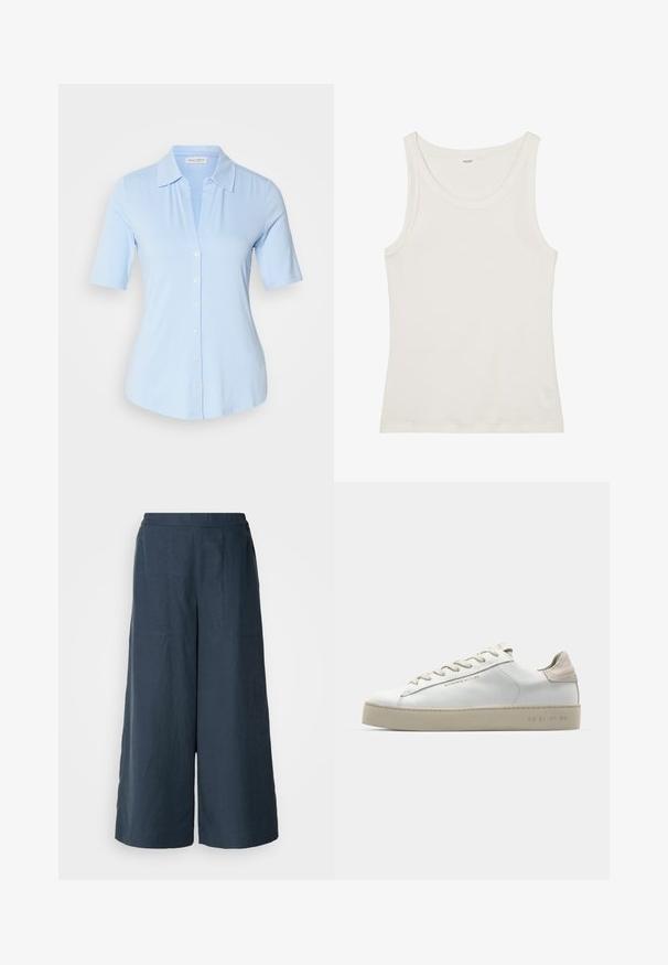 Light blue short-sleeve shirt made of soft fabric, featuring a collared neckline and a row of white buttons down the front.; White cotton tank top with a wide neckline and thin shoulder straps. Smooth texture with no visible patterns or embellishments.; Wide-leg trousers in navy blue, made from lightweight fabric. Features a slightly textured surface, elastic waistband, and front seams.; White leather sneaker with a smooth finish, beige suede accents, round toe, flat lace-up design, and a textured rubber sole.