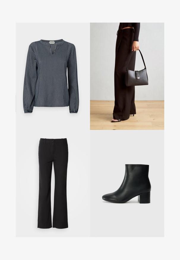 Námořnická a bílá pruhovaná blůza s dlouhým rukávem a kulatým výstřihem, s malým předním rozparkem a nařasenými manžetami. Měkká látka.; Černé kalhoty z bavlněné směsi se střihem rovného nohavice, se zapínáním na knoflík vpředu a dvěma bočními kapsami. Hladká textura, žádné viditelné vzory.; Černé kožené kotníkové boty s špičatou špičkou a robustním podpatkem. Hladký povrch s minimálními akcenty a elegantním, přiléhavým designem.; Černá kabelka se strukturovaným tvarem, hladkým povrchem a kovovým uzávěrem. Kombinována s širokými černými kalhotami a sandály s otevřenou špičkou na dřevěné podlaze.