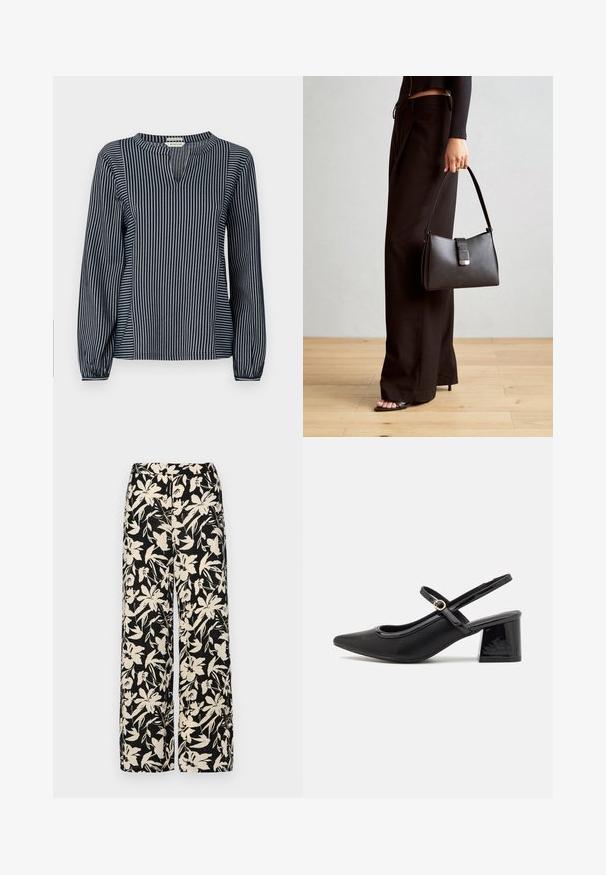 Marineblauwe en witte verticaal gestreepte blouse met lange mouwen en een ronde hals, voorzien van een kleine opening aan de voorkant en gathered cuffs. Zachte stof.; Zwarte wijde broek met een crèmekleurig bloemenpatroon. Gemaakt van lichtgewicht stof, met een zachte textuur en een hoge tailleband.; Zwarte gepolijste leren slingback hakken met een spitse neus, een ronde uitsnede en een blokhak. Voorzien van een gouden gespaccent.; Zwarte handtas met gestructureerde vorm, gladde textuur en een metalen sluiting. Gecombineerd met brede zwarte broeken en sandalen met open teen op een houten vloer.