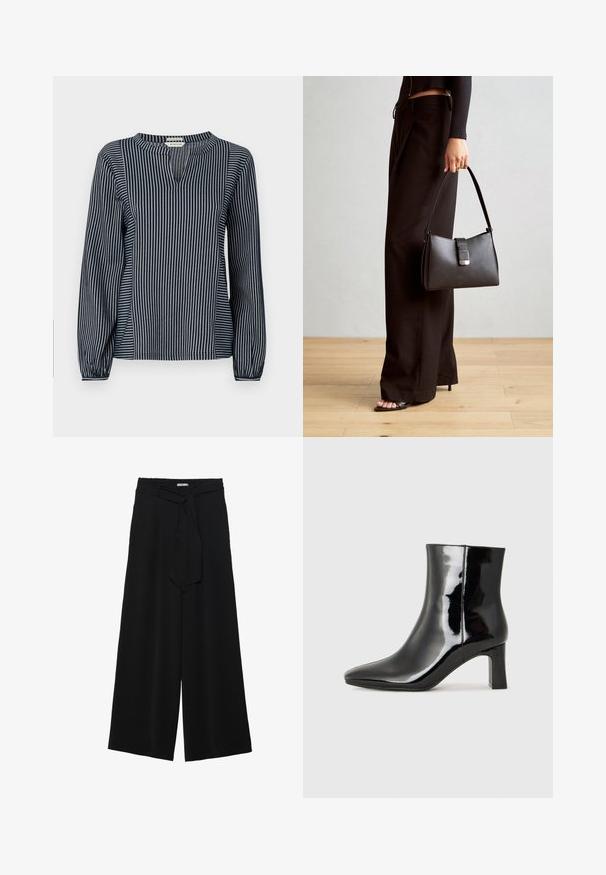 Langarmbluse in Marineblau und Weiß mit vertikalen Streifen, runder Ausschnitt, kleinem Schlitz vorne und gerafften Manschetten. Weicher Stoff.; Schwarze weite Hosen aus strukturiertem Stoff, mit elastischem Bund und einem abnehmbaren Bindegürtel in der Taille für eine verstellbare Passform.; Schwarzer Lackleder-Stiefelette mit spitzer Zehe und einem mittelhohen Blockabsatz. Glatte Textur und minimalistisches Design.; Schwarze Handtasche mit strukturierter Form, glatter Textur und einem metallischen Verschluss. Kombiniert mit weiten schwarzen Hosen und offenen Sandalen auf einem Holzboden.