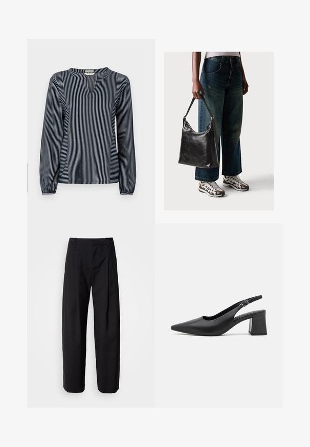 Blusa a righe verticali blu marino e bianca con maniche lunghe e colletto rotondo, dotata di una piccola fessura frontale e polsini arricciati. Tessuto morbido.; Pantaloni neri con una vestibilità comoda, vita plissée e passanti per cintura. Tessuto liscio e gambe dritte, dotati di tasche laterali.; Scarpa con tacco slingback in pelle nera, con punta appuntita e tacco a blocco chunky. Presenta una tracolla regolabile con fibbia in metallo.; Borsa a tracolla nera in pelle con una texture liscia e tracolla regolabile, abbinata a jeans ampi sbiaditi e sneakers sportive.