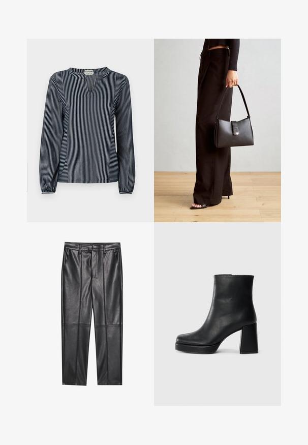 Tumesinine ja valge vertikaalselt triibuline pikavarrukatega pluus ümmarguse kaeluse ja väikese esilõikega, millel on kogutud varrukaotsad. Pehme kangas.; Mustad nahkpüksid sileda tekstuuriga, sirge lõikega, kahe eesmine taskuga ja nähtavate õmblusteta.; Must musta ankle boot, milleplokk-konts ja platvormi tallaga, vaadatud küljelt ühetoonilise valge tausta peal.; Must musta kott, millel on struktureeritud kuju, sile tekstuur ja metallist klamber. Kombineeritud laiate mustade pükstega ja avatud varvaste sandaalidega puidust põrandal.