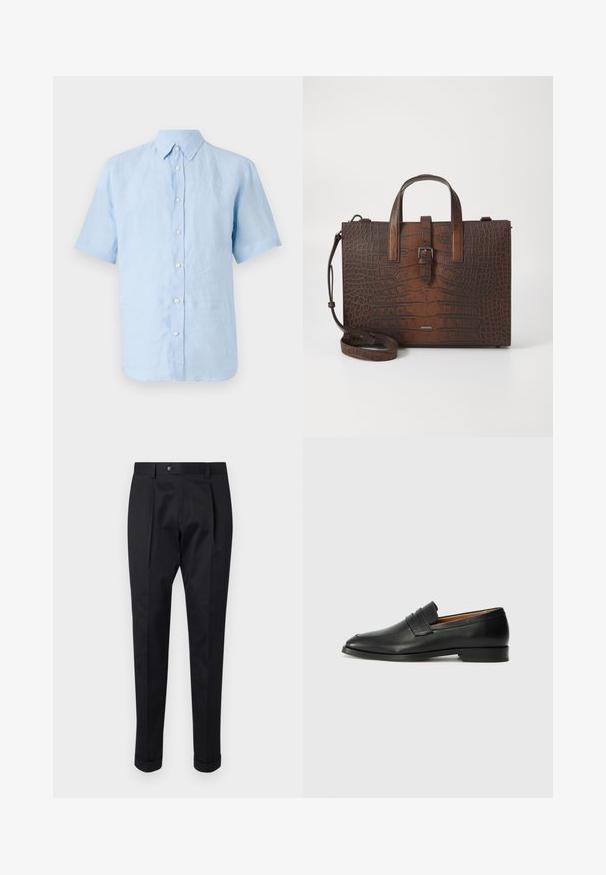 Tiger of Sweden SPENSER - Marškiniai - summer sky; Juodos kelnės pagamintos iš lygaus audinio, su raukšle priekyje, mygtuko uždarymu ir suknežintomis rankovėmis ties kulkšnimi.; Juodas odinis loaferis su apvaliu nosiu, subtiliomis siuvimo detalėmis ir žemu kulnu, pasižymintis lygia tekstūra ir minimalistiniu dizainu.; Rudos krokodilo rašto odos rankinė su viršutinėmis rankenomis ir nuimamu peties dirželiu. Yra sagties užsegimas ir stačiakampis pavidalas.