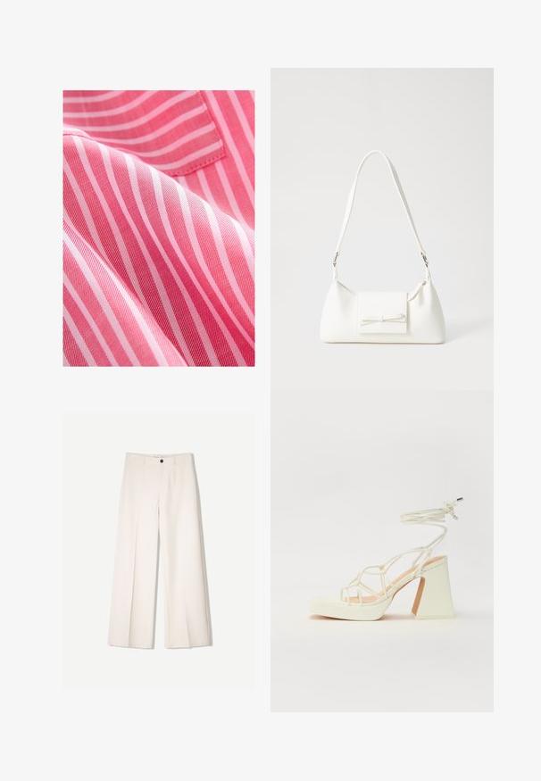 Rot- und rosarot gestreifter Stoff mit glatter Textur, der schmale, abwechselnde Streifen und einen subtilen Glanz aufweist.; Cremfarbene weitem Hosen mit maßgeschneidertem Design, ausgestattet mit zwei vorderen Taschen und einem vorderen Knopfverschluss, aus glattem Stoff gefertigt.; Weiße High-Heel-Sandale mit einem klobigen Absatz, die über ein Riemchendesign und ein Knöchelband verfügt. Glatte Textur mit einer Plattform vorne für zusätzliche Höhe.; Weiße synthetische Handtasche in dreieckiger Form, flache Vorderklappe und Schleifendetail, verstellbarer Trageriemen, glatte Textur und minimalistisches Design.