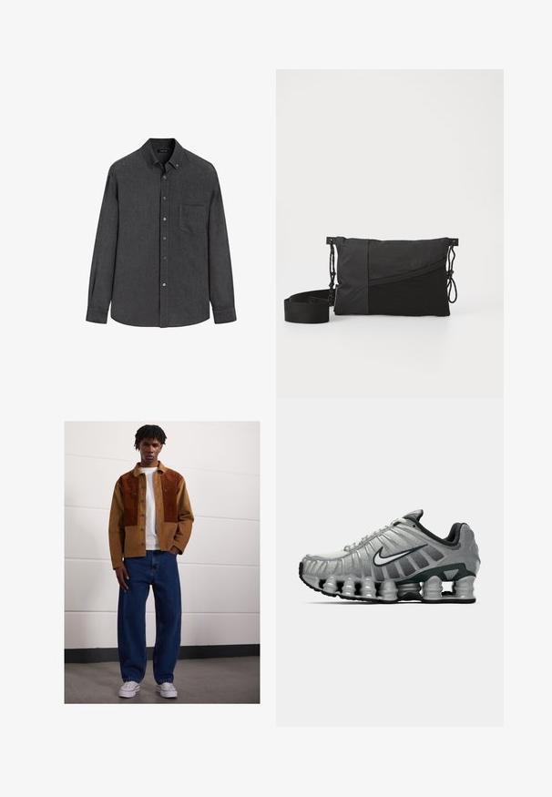 Mørkegrå langærmet skjorte med knapper og brystlomme samt knappet krave, præsenteret på hvid baggrund.; Hvid bomulds tanktop med rund halsudskæring, brede skulderstropper og lige kant, der har en glat tekstur og uden synlige mønstre.; Mand, der står indendørs iført en brun cordurojjakke med rustfarvede pletter, hvid t-shirt, løse blå jeans og hvide sneakers.; Grå og sort Nike løbesko med synlig fjederlignende dæmpning under sålen og et hvidt swoosh-logo på siden.; Sort skuldertaske lavet af struktureret stof, der har et diagonalt design, justerbar strop og snorelukninger på siderne.