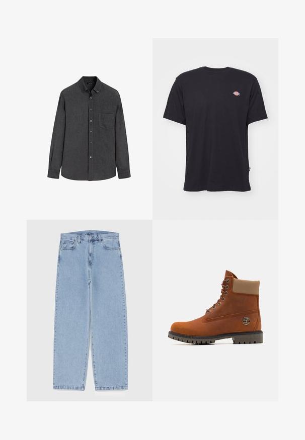 Dunkelgrau langärmeliges Hemd mit Knopfleiste, einer Brusttasche und einem geknöpften Kragen, auf einem weißen Hintergrund präsentiert.; Schwarzes Baumwoll-T-Shirt mit kurzen Ärmeln, rundem Halsausschnitt und kleinem buntem Logo auf der linken Brust. Besitzt einen geraden Saum.; Hellblaue Jeans aus Denim mit geradem Bein, ausgestattet mit einer mittelhohen Taille, fünf Taschen sowie einem Knopf- und Reißverschluss.; Timberland Schnürstiefelette - medium orange