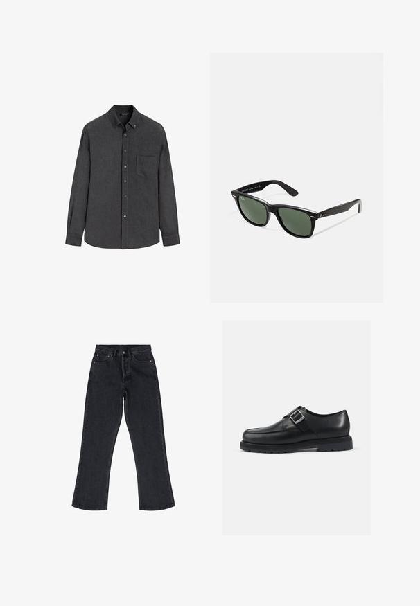 Dunkelgrau langärmeliges Hemd mit Knopfleiste, einer Brusttasche und einem geknöpften Kragen, auf einem weißen Hintergrund präsentiert.; Schwarze Jeans aus Denim mit hoher Taille, weitem Bein, Fünf-Taschen-Design und kupferfarbener Hardware. Mit dezenten Stickdetails.; Schwarzer Lederschuh mit glatter Oberfläche, runder Form und silberner Schnallenverzierung. Dicke schwarze Sohle mit Profil.; Schwarze Plastiksonnenbrille mit grünen Gläsern, quadratischen Rahmen, silbernem Akzent auf der Augenbraue und strukturierten Bügeln. Angegebene Marke auf dem inneren Bügel.