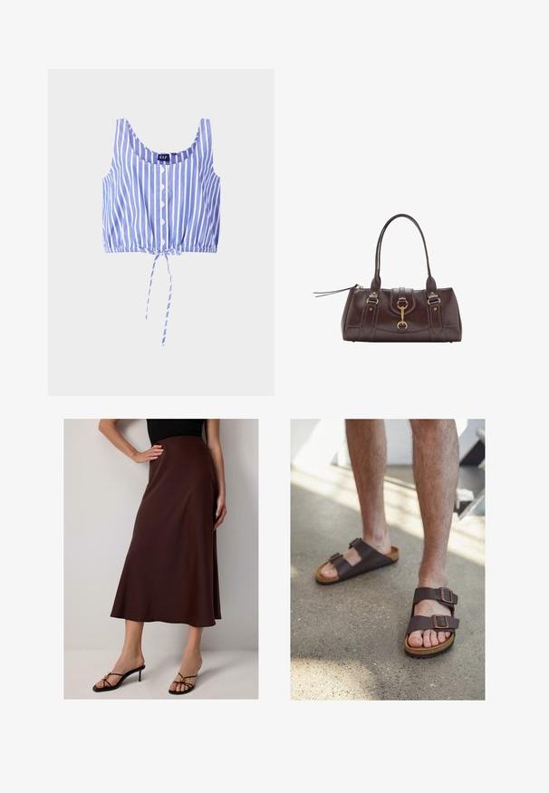 Blauw-wit gestreepte crop top met een ronde halslijn, knopen aan de voorkant, elastische zoom en een strikdetail aan de onderkant. Gemaakt van lichte stof.; Bruine, knielange satijnen rok met een vloeiende silhouet. Het heeft een gladde textuur en een hoge tailleontwerp, gecombineerd met zwarte hakken.; Bruine leren sandalen met twee verstelbare gespen, kurken voetbed en gestructureerde rubberen zool, gedragen op blote voeten op een betonnen vloer.; Donkerbruine leren handtas met twee bovenhandvatten, vergulde accenten, een sluitingdetail aan de voorkant en gestikte texturen aan de zijkanten.