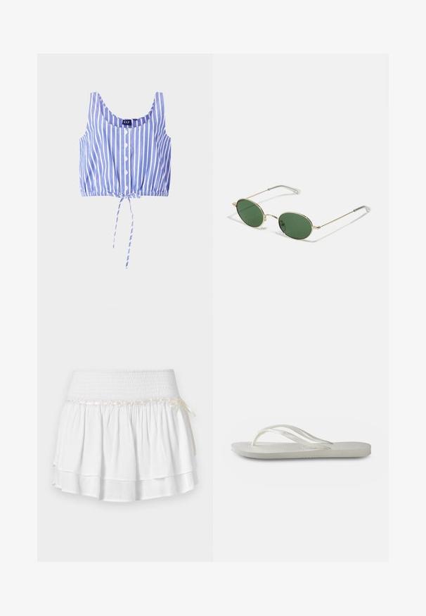 Gestreiftes Crop-Top in Blau und Weiß mit rundem Ausschnitt, Knopfleiste, elastischem Saum und gebundenem Detail am unteren Rand. Hergestellt aus leichtem Stoff.; Weißer Stufenrock mit elastischem Bund, der mit einem strukturierten Rüschenmuster und einem dekorativen Bandakzent versehen ist. Baumwollstoff.; Weiße Flip-Flops mit einer strukturierten Sohle, dünnen Riemen und einem flachen Design. Hergestellt aus Gummi mit einem dezenten Logo auf der Fußsohle.; Sonnenbrille mit goldenem Rahmen, grünen ovalen Gläsern und dünnen Metallarmen. Verfügt über klare Kunststoffspitzen an den Armen für zusätzlichen Komfort.; Geflochtene Strohtasche mit braunen Lederakzenten, zwei Griffen und einem abnehmbaren Gurt. Kurvenform mit einem stabilen Boden.