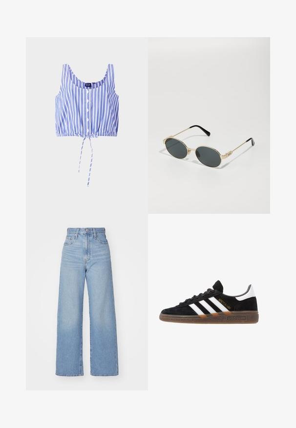 Top corto a righe blu e bianche con scollatura rotonda, chiusura a bottoni sul davanti, orlo elastico e dettaglio annodato sul fondo. Realizzato in tessuto leggero.; Jeans a vita alta blu chiaro con gamba larga, chiusura frontale con bottone e zip, tasche anteriori e posteriori, su uno sfondo bianco.; Sneaker Adidas nere con strisce bianche, testo "Spezial" dorato, suola in gomma e tab sul tallone bianco, mostrato in veduta laterale.; Occhiali da sole in metallo dorato con lenti ovali e scure. Terminali in acetato nero sulle stanghette. Nome del brand "QUAY" sul lato.; Borsa a spalla in suede marrone con una forma curva e una sola tracolla, con un logo sobrio sulla parte anteriore. Sfondo bianco uniforme.