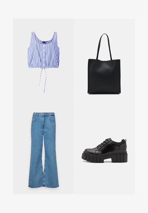 Gestreiftes Crop-Top in Blau und Weiß mit rundem Ausschnitt, Knopfleiste, elastischem Saum und gebundenem Detail am unteren Rand. Hergestellt aus leichtem Stoff.; Helle blaue Schlagjeans aus Denim, mit hoher Taille, fünf Taschen und einem einzelnen Knopfverschluss. Weiche Textur mit ausgeblichener Optik.; Schwarze Lederplateauschuhe mit klobigem Blockabsatz, runder Zehenpartie und traditionellem Schnürdesign. Verfügt über eine glatte Textur und minimale Details.; Schwarze Laptoptasche aus Leder mit glatter Textur, rechteckiger Form und zwei langen Griffen. Keine sichtbaren Beschläge oder Verzierungen.