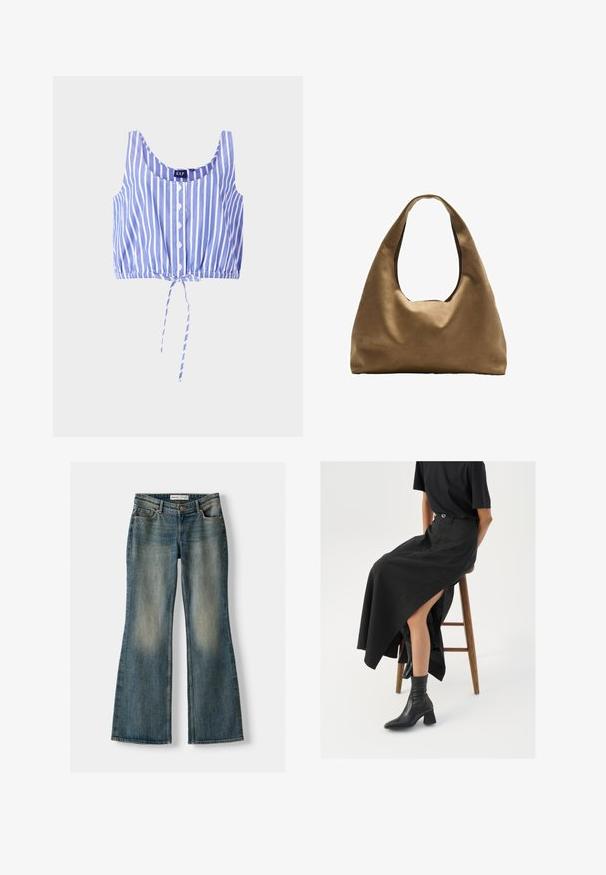 Blue and white striped crop top with a rounded neckline, button front, elastic hem, and a tied detail at the bottom. Made from lightweight fabric.; Blue flared jeans with a faded wash, five pockets, and a button closure. Material shows a denim texture with subtle stitching details.; Black linen maxi skirt with a high slit, worn with a black t-shirt and black ankle boots. Minimalistic design with a relaxed fit.; Brown fabric shoulder bag with a wide, rounded body and a large cutout handle. Soft texture, minimalistic design, and no visible hardware.