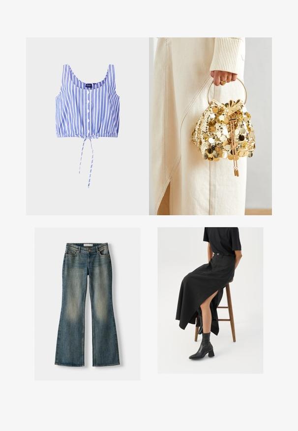 Crop top cu dungi albastre și albe, cu decolteu rotund, închidere cu nasturi, tiv elastic și detaliu legat în partea de jos. Fabricat din țesătură ușoară.; Jeans evazați albaștri cu o spălare decolorată, cinci buzunare și închidere cu nasture. Materialul arată o textură de denim cu detalii de cusătură subtile.; Fustă maxi din in negru cu o fanta înaltă, purtată cu un tricou negru și cizmulițe negre până la gleznă. Design minimalistic cu o croială lejeră.; Geantă de mână cu mânere circulare, confecționată din paiete aurii, cu un șnur de închidere, având paiete rotunde strălucitoare și o țesătură texturată. Dimensiunile nu sunt furnizate.
